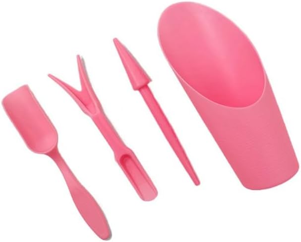 4 Pcs Pink Set Mini Garden Soil Spoon Plastic Planting/Transplanting Garden Tool Set Indoor Mini Garden Plant Care Shovel Soil Cup Bucket Shovel Transplanting Tool Gardening Shovels