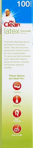 Mr Clean Latex Gloves Disposable Single Use Lightly Powdered Non-Sterile Multipurpose Uses One Size Fits Most Tear & Puncture Resistant Design 9.5-Inch Long with Beaded Cuff, 100-Count, Blue