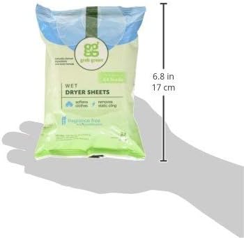 Grab Green Natural Wet Dryer Sheets, Unscented/Free & Clear, Fabric Softener & Static-Reducer, 64 Loads, Reusable & Compostable, Fragrance Free