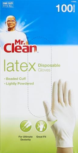 Mr Clean Latex Gloves Disposable Single Use Lightly Powdered Non-Sterile Multipurpose Uses One Size Fits Most Tear & Puncture Resistant Design 9.5-Inch Long with Beaded Cuff, 100-Count, Blue