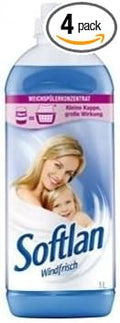 Lenor Softlan Windfrisch Concentrated Fabric Softener, 4 x 1L, Fresh Breeze Scent, Leaves Clothes Soft and Fresh