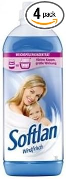 Lenor Softlan Windfrisch Concentrated Fabric Softener, 4 x 1L, Fresh Breeze Scent, Leaves Clothes Soft and Fresh