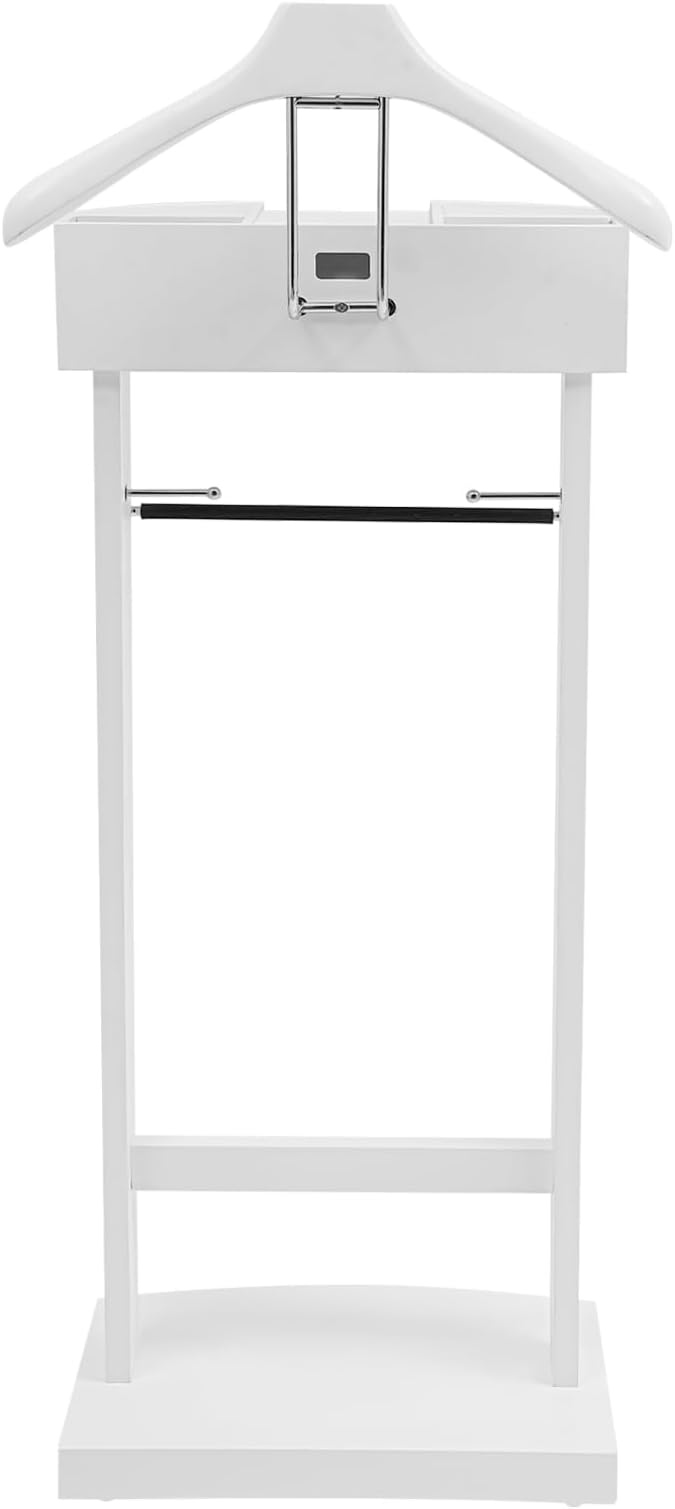 Suit Valet Stand Wood Valet Stand for Man, Wooden Clothing Valet Stand with Contour Hanger, Tray, Trouser Bar, Tie Bar and Base, Mens Valet Stand for Entryway Office Living Room (White)