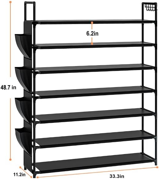 OYREL Large Capacity 7 Tier Shoe Rack, Black, 33.3in Wide x 11.2in Deep x 48.7in Tall, Holds 28-35 Pairs of Shoes, Ultra-Minimalist Style, Waterproof and Durable