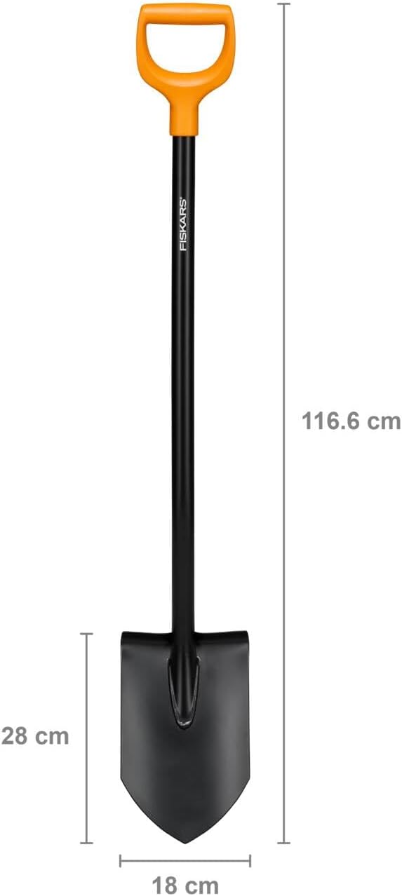 Fiskars Gardening Spade for Hard, Stony Soils, Pointed, Length 116.6 cm, Steel Leaf/Plastic Handle, Black/Orange, Solid, 11066716