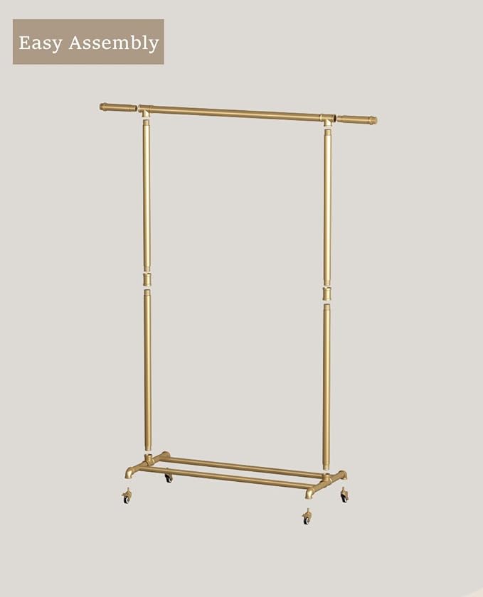 Industrial Pipe Clothing Rack, Heavy Duty Metal Clothes Rack With Wheels, Rolling Garment Rack with Bottom Shelf for Home Boutique Use (Gold)