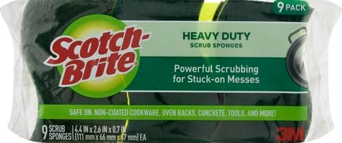 Scotch-Brite Heavy Duty Scrub Sponge, 9 Kitchen Sponges for Tough Messes, Lasts 3X Longer, Best for Cast Iron Skillets & Outdoor Grills, Flexible, Durable & Strong (Pack of 5)