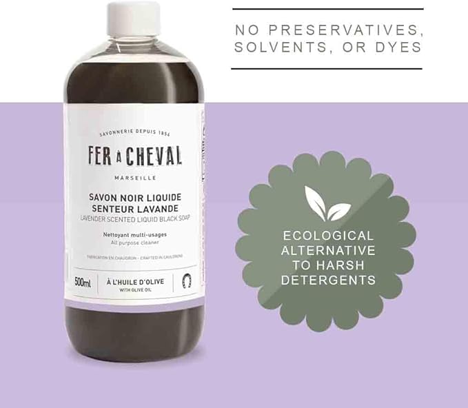 Fer à Cheval Liquid Black Soap All Purpose Cleaner with Olive Oil, Concentrated Multi-Use Cleaner for Home Surfaces, 500 ml / 16.9 fl oz, Lavender