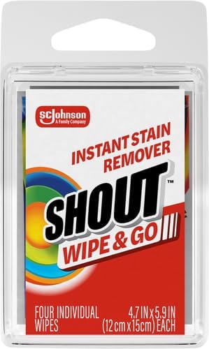 Shout Wipes, Wipe and Go Instant Stain Remover, Laundry Stain and Spot Remover for On-the-Go, 4 Wipes (Pack of 1)