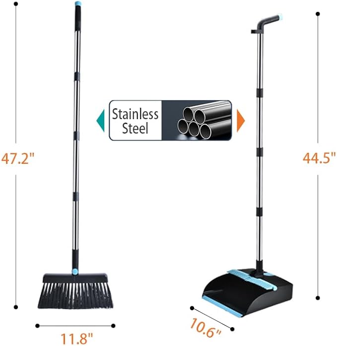 Broom and Dustpan Set for Home, Long Handle Dust Pan and Broom Combo for Indoor Outdoor Heavy Duty Dustpan Set for Kitchen Lobby Office Upright Standing Dustpan with Teeth (Deep Blue)