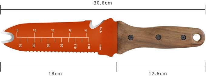 Hori Hori Garden Knife Orange Garden Multitool with Sheath for Weeding,Planting,Digging Stainless Steel Blade with Cutting Edge, Full-Tang Walnut Wood Handle with Hanging Hole