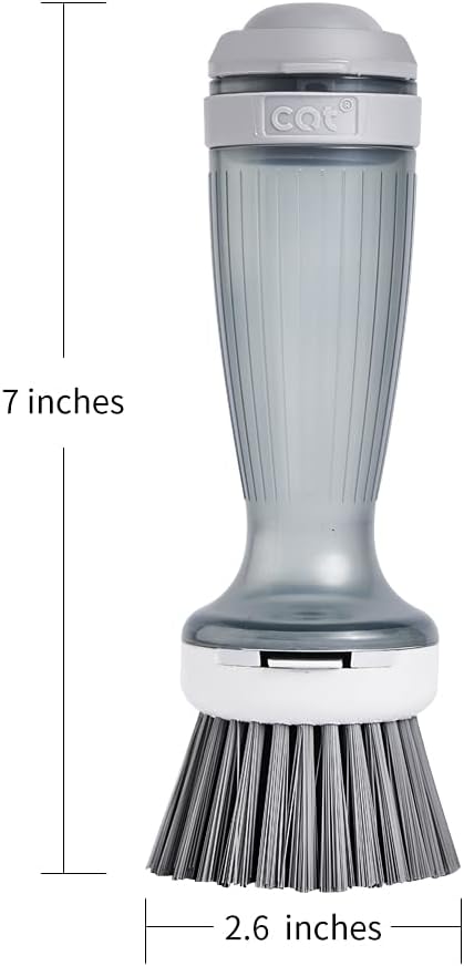 CQT Dish Brush with Soap Dispenser – One-Press Suds, Built-in Scrubbing Pad, Non-Slip Handle for Pots, Pans & Non-Stick Cookware – Includes 2 Refill Heads