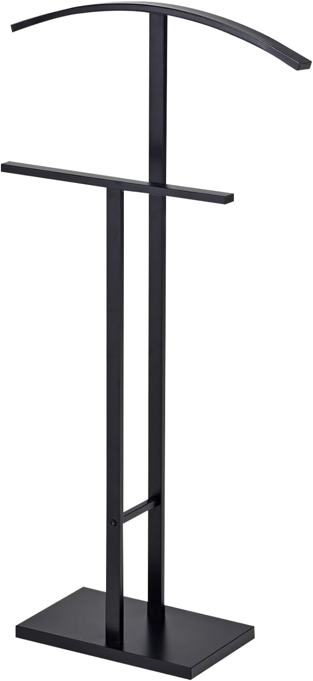 Kings Brand Furniture Dossi Modern Metal Suit Valet Stand, Clothes Rack Organizer with Jacket, Pants & Tie Holder, Space-Saving Garment Rack for Bedroom or Closet (Black)