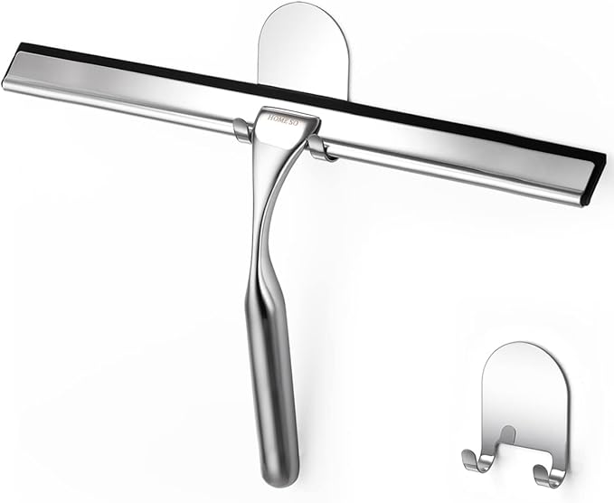 HOME SO Shower Squeegee for Glass Doors – Stainless Steel Squeegee with Adhesive Hooks - Window, Floor & Car Squeegee, Multi-Purpose Bathroom, Mirror & Tile Cleaner - Bathroom Essentials - Chrome 12"