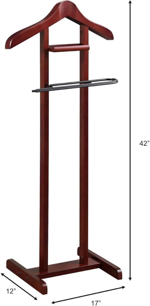 Wooden Suit Valet Stand with Contour Hanger Trouser Bar and Accessory Tray Elegant Wardrobe Organizer for Men Bedroom Closet and Office Mahogany Finish