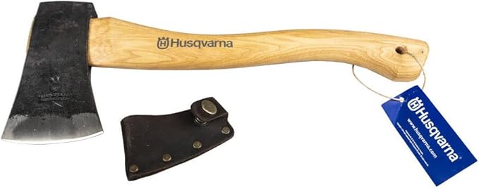 Husqvarna Hatchet, Small Axe with Leather Sheath and Hickory Handle, Ideal Small Hatchet Axe for Camping Gear and Gardening Tools