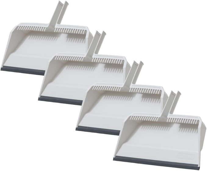Superio 4-Pack Wide Plastic Dustpan with Comb - 16" Wide, Rubber Lip, Broom Handle Clip, White