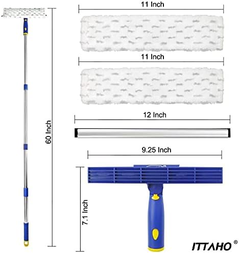 ITTAHO 53" Window Squeegee Cleaner 2 in 1 Window Cleaning Tool Kit Window Washing Kit with Extension Pole for Shower Glass, Indoor/Outdoor High Window Cleaning-Two Pads