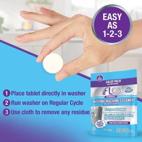 iFLO Washing Machine Cleaner Tablets – Powerful Washer Machine Cleaning and Deodorizer Tablets for Front Load, Top Load, and High-Efficiency Washer Cleaner, 3 Pack