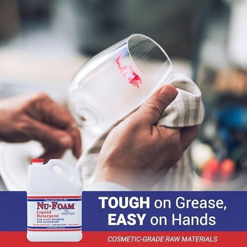 Nu-Foam Liquid Detergent for Bar Glassware – Original Streak-Free Solution - Hand Washing Bar, Tavern, Brewery Supplies - Spotless Serving Glasses - Concentrated- Easy On Hands - 1 Gallon- 4 Pack Case