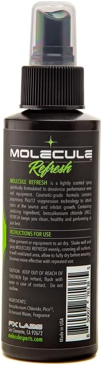 Molecule Refresh Spray | Performance Apparel Care | Cleans and Deodorizes Racing Suites & Technical Fabrics | Signature Fresh Scent | 4 Ounces