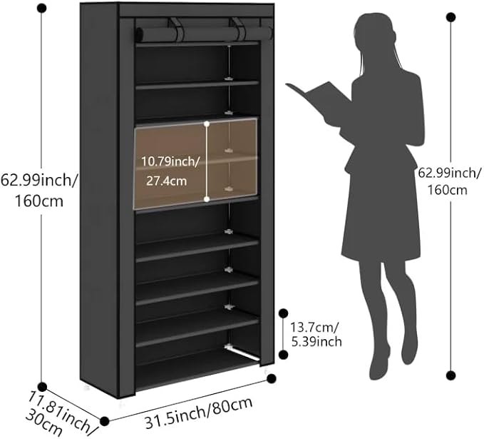 Calmootey 9 Tier Shoe Rack Organizer,Portable Shoe Shelf with Nonwoven Fabric Cover for Closet Hallway,Bedroom,Entryway,31.50x11.81x62.99inches,Grey