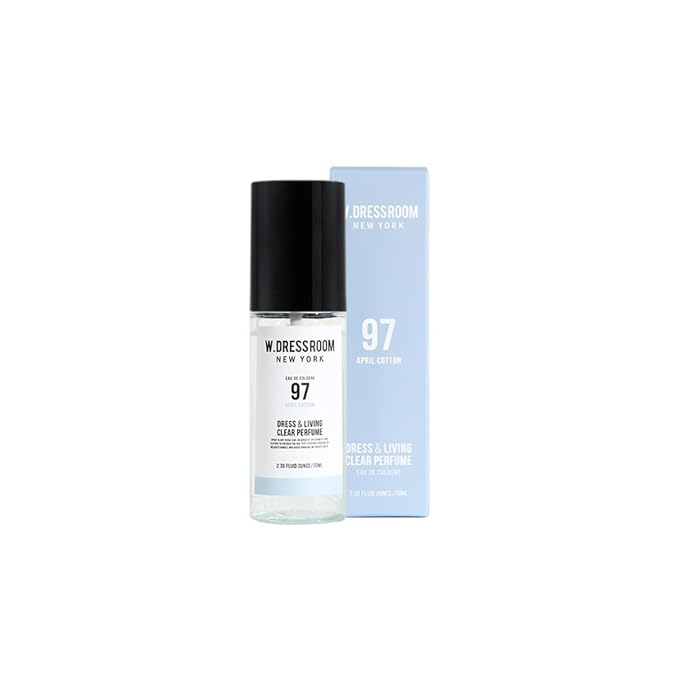 W.Dressroom No.97 April Cotton Living Clear Perfume, Body Mist & Fabric Spray Deodorizer, Alcohol-Free Water-Based, Odor Neutralizer for Clothes, Bedding & Room, Travel Size 2.36 oz