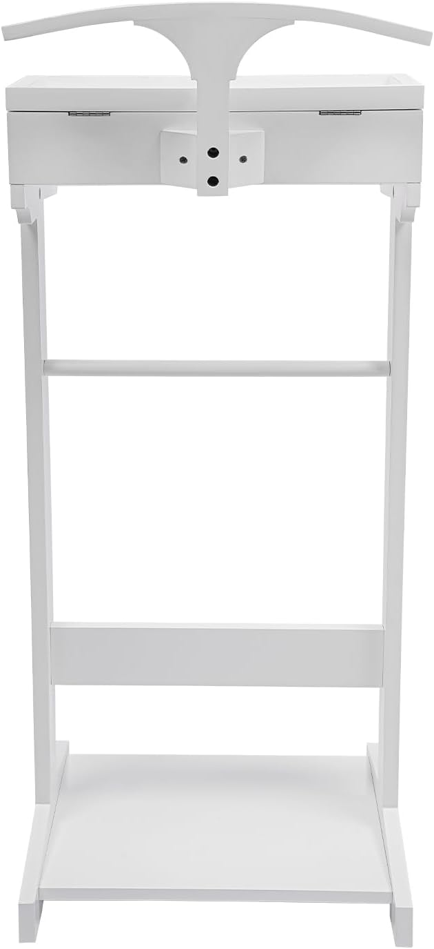 Valet Stand with Drawer and Top Tray, Wood Mens Suit Valet Stand with Wood Base, Freestanding Clothes Valet Stand with Hanger, Storage Organizer for Entryway Office Living Room (D, White)