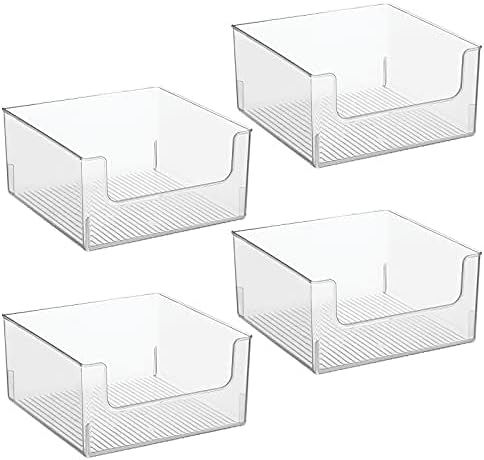 mDesign Plastic Modern Wide Open Front Dip Storage Organizer Bin Basket for Household Organization - Shelves, Cubby, Cabinet, and Closet Organizing Decor - Ligne Collection - 4 Pack - Clear
