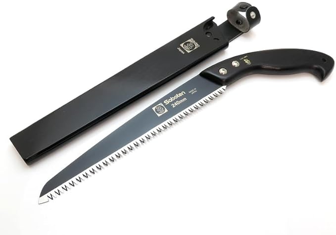 Saboten Japanese Pruning Saw 9.4 in (240mm) – Fluorine-Coated High-Carbon Steel Blade, 7.5mm Tooth Pitch, Smooth Pull Cuts, Wooden Handle, Wood Sheath Included, Made in Japan
