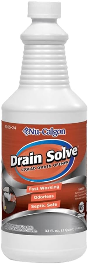 Nu-Calgon 4165-24 Drain Solve Alkaline Cleaner – 1 Qt HVAC Condensate Line & Kitchen Plumbing Clog Remover, Non-Fuming Formula, NSF Registered