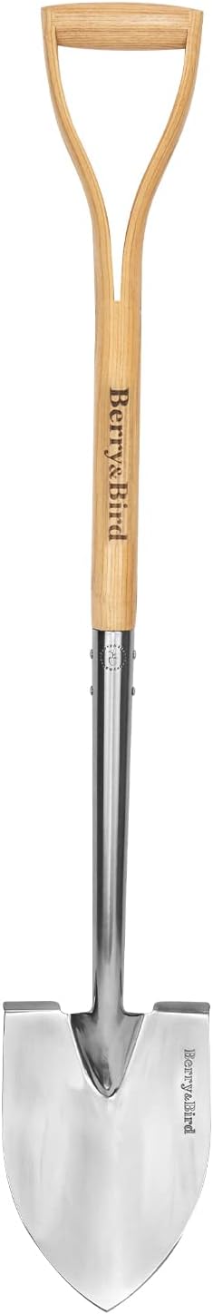 Berry&Bird Round Point Gardening Shovel with Wood D-Handle, 40.98" Stainless Steel Beach & Snow Shovel