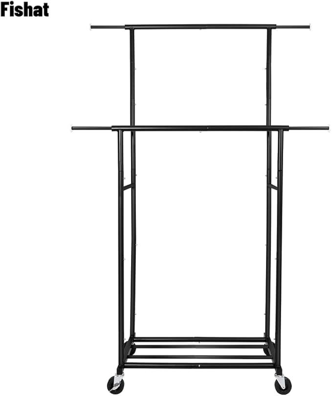 Fishat Stand Portable Black Double Rods Garment Clothes Rack with Rolling and Lockable Wheels Mobile, 48" W x 15" D x 67" H, Metal Simple Hanging Clothes with 2 Hook