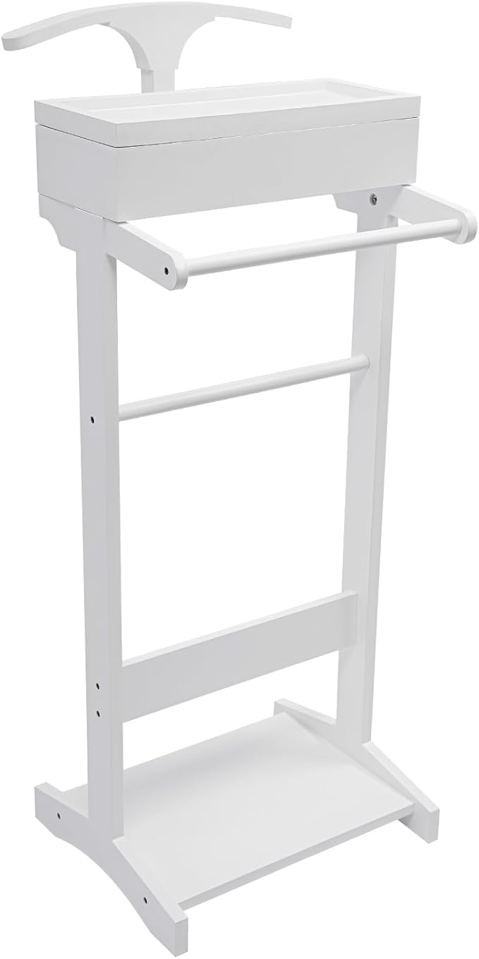 Valet Stand for Man and Women, Wood Suit Rack Suit Valet Stand with Top Tray, Storage Drawer, Bottom Shoe Rack, Freestanding Clothes Rack for Living Room, Entryway, Bedroom, Office, Black (White)