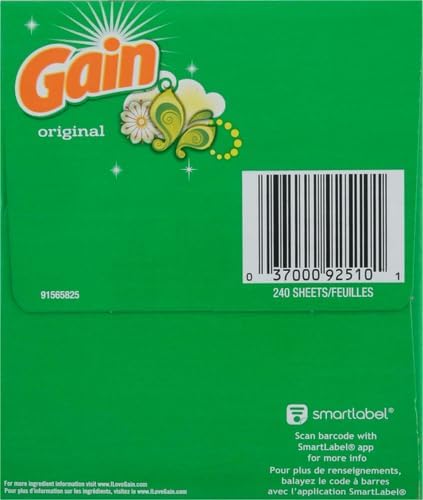 Gain Dryer Sheets Plus Wrinkle Release, Original Scent, Fights Static With a Touch of Scent, Laundry Sheets, 240 Count (Pack of 4)