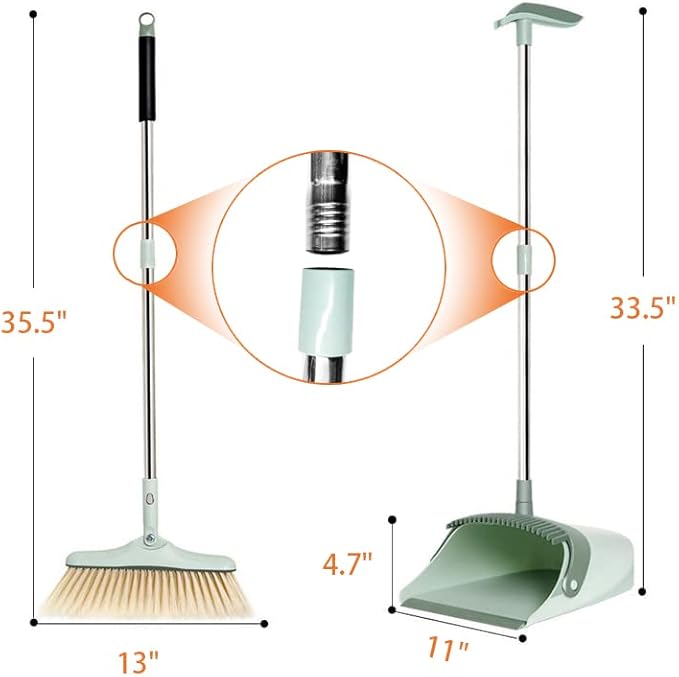 Broom and Dustpan Set for Home, Long Handle Dust Pan and Broom Combo for Indoor Outdoor Heavy Duty Dustpan Set for Kitchen Lobby Office Upright Standing Dustpan with Teeth (Green)