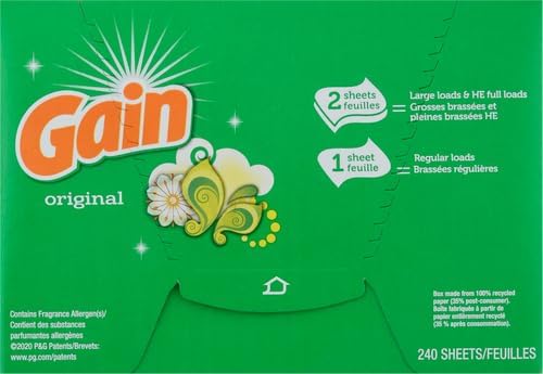 Gain Dryer Sheets Plus Wrinkle Release, Original Scent, Fights Static With a Touch of Scent, Laundry Sheets, 240 Count (Pack of 4)