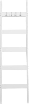 HOOBRO Blanket Ladder, 5-Tier Towel Rack with Hooks, Wall-Leaning Blanket Rack, Decorative Display Ladder Shelf, for Scarves, Industrial, Living Room, Bedroom, White WW52CJ01