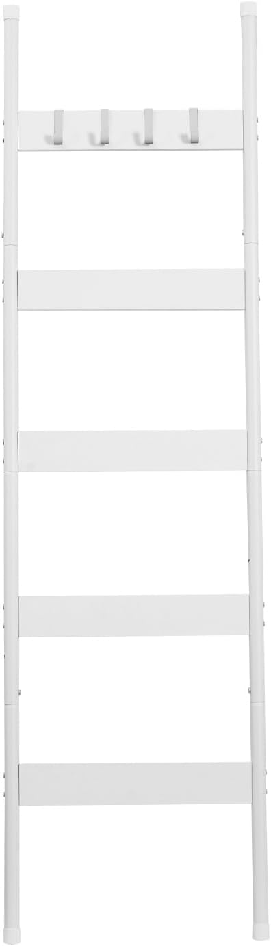HOOBRO Blanket Ladder, 5-Tier Towel Rack with Hooks, Wall-Leaning Blanket Rack, Decorative Display Ladder Shelf, for Scarves, Industrial, Living Room, Bedroom, White WW52CJ01