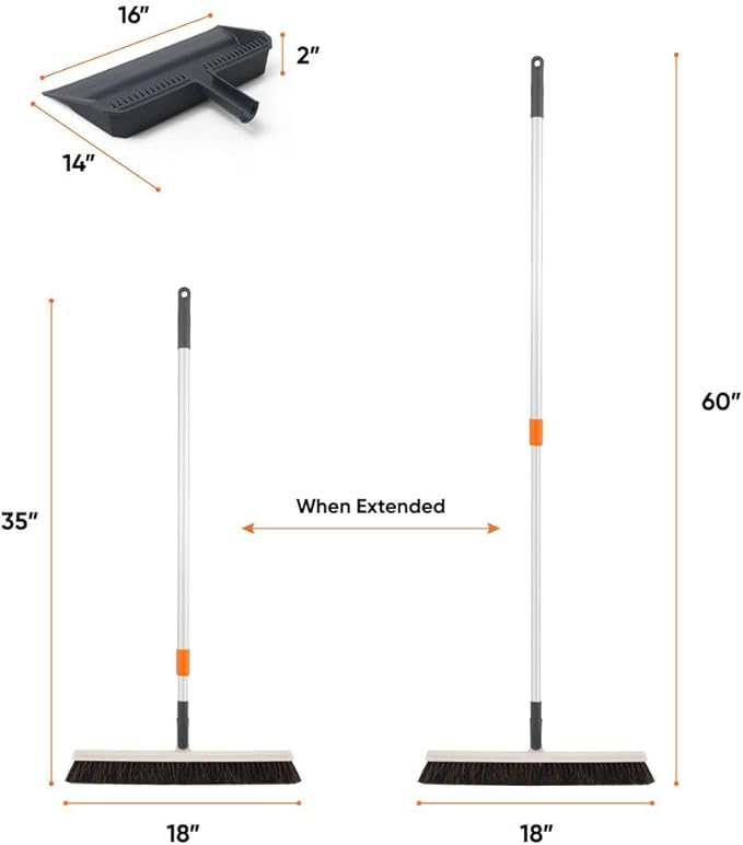 Superio 18" Horse Hair Upright Broom with Telescopic Handle & 16" Gray Dustpan with Comb, Rubber Lip & Clip – Narrow Thin Dust Broom for Dog Hair – Hardwood & Tile Floor Cleaning Set – Gray