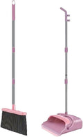 Upright Broom and Dustpan Set - Long Handle for No-Bending Comfort, 3 Rows Dense Bristles for Deep Sweeping, Suitable for Home, Office, Kitchen, Lobby, Shop, Indoor & Outdoor Spaces, Pink & Purple