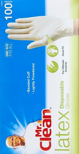 Mr Clean Latex Gloves Disposable Single Use Lightly Powdered Non-Sterile Multipurpose Uses One Size Fits Most Tear & Puncture Resistant Design 9.5-Inch Long with Beaded Cuff, 100-Count, Blue
