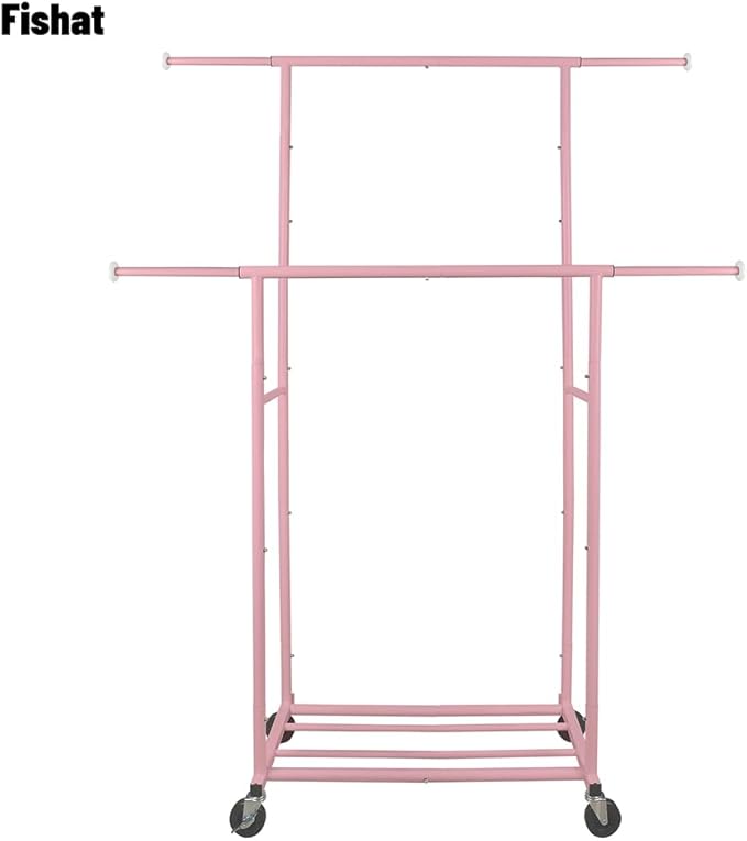 Fishat Portable Pink Double Rods Garment Clothes Rack for Drying with Rolling Clothes Organizer on Lockable Wheels Mobile for Girls Women, 48"W x 15"D x 67"H, Metal Simple Hanging Clothes with 2 Hook