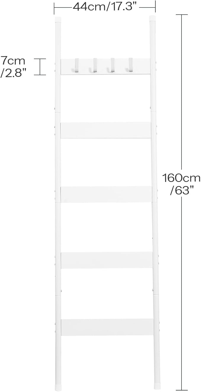 HOOBRO Blanket Ladder, 5-Tier Towel Rack with Hooks, Wall-Leaning Blanket Rack, Decorative Display Ladder Shelf, for Scarves, Industrial, Living Room, Bedroom, White WW52CJ01