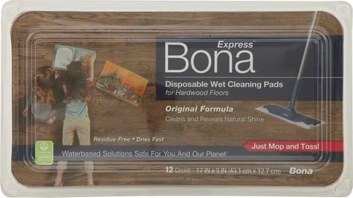 Bona Hardwood Floor Disposable Wet Cleaning Pads - unscented - Use Mops - Residue-Free Floor Cleaning Solution for Wood Floors,12 Count(Pack of 2)