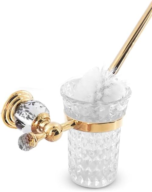 Gold Stainless Steel Toilet Brush with Crystal Toilet Brush Holder Set – Wall Mounted Holder, Replaceable Head, Decorative Space-Saving Design Bathroom Toilet Accessory Elegant Toilet Bowl Cleaner Set