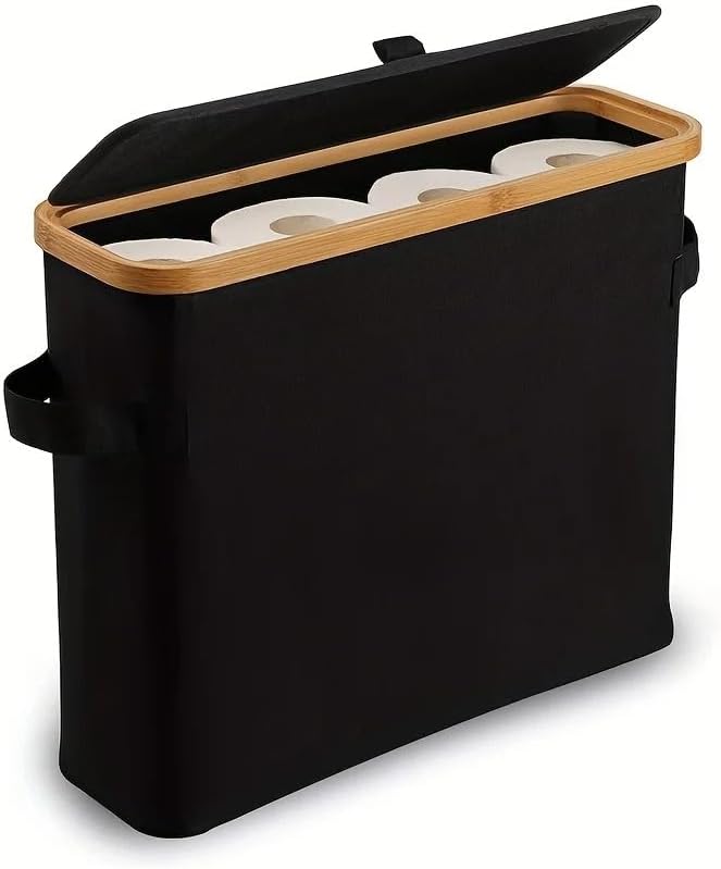 Toilet Paper Storage Basket with Lid for 12 Rolls, Waterproof Oxford Cloth with Bamboo Frame, Free Standing Toilet Paper Holder, Collapsible Bathroom Organizer Bin, Beige (Black)