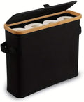 Toilet Paper Storage Basket with Lid for 12 Rolls, Waterproof Oxford Cloth with Bamboo Frame, Free Standing Toilet Paper Holder, Collapsible Bathroom Organizer Bin, Beige (Black)