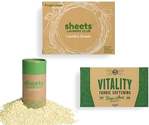 Sheets Laundry Club Bundle - 50 Pack (up to 100 loads) Fresh Linen Detergent Sheets, 40 Pack Vitality Dryer Sheets & 8 Oz. Uncharted Waters Scent Booster - New Liquidless Technology