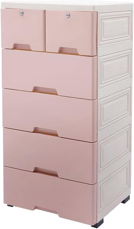 6 Drawer Storage Drawer,Closet Drawers Dresser Organizer, Dresser Plastic Storage Cabinet with 4 Wheels Pink Dressers for Bedroom